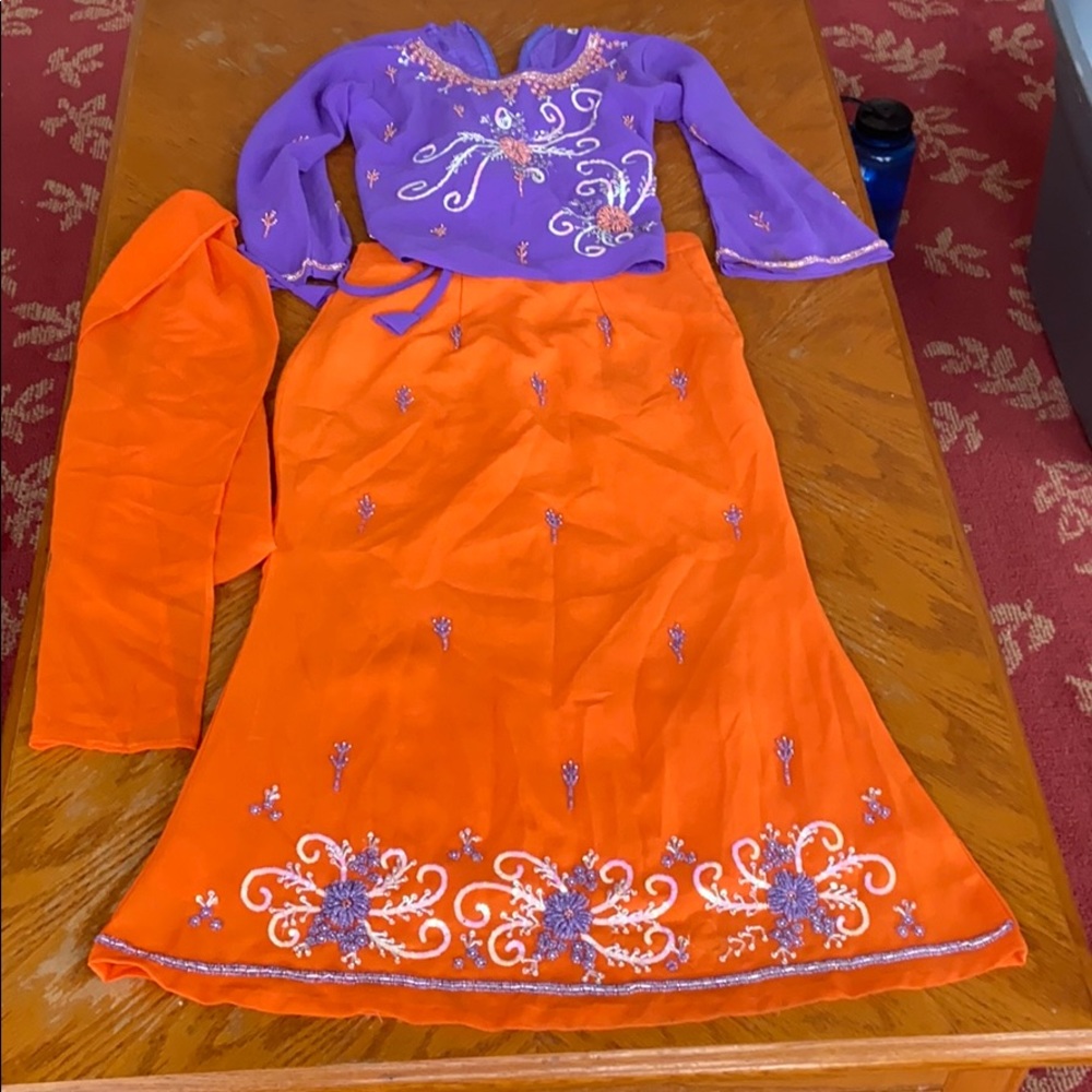 Lovely orange and lavender lengha dress